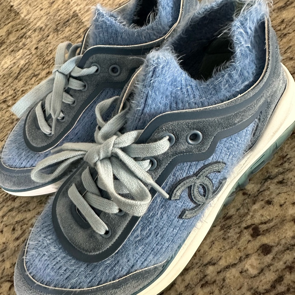Sale ✔️Chanel blue suede calfskin stretch fabric CC sneakers